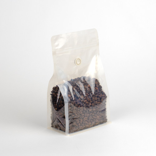 Compostable Block Bottom Coffee Bag - Pictured containing 12oz coffee beans