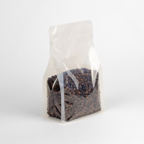 Compostable Block Bottom Coffee Bag - Pictured containing 12oz coffee beans