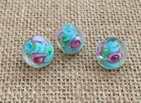 1 | Aqua with a  Pink Rose Round Lampwork Beads