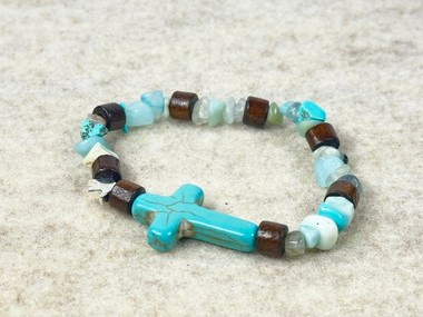 Gemstone Chip beads, a Howlite cross, natural wood beads all on a quality stretchy cord  
