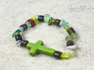 Gemstone Chip beads, a Howlite cross, natural wood beads all on a quality stretchy cord  
