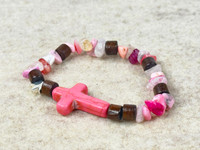 Gemstone Chip beads, a Howlite cross, natural wood beads all on a quality stretchy cord  