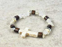 Gemstone Chip beads, a Howlite cross, natural wood beads all on a quality stretchy cord  