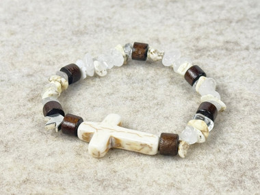 Gemstone Chip beads, a Howlite cross, natural wood beads all on a quality stretchy cord  