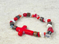 Gemstone Chip beads, a Howlite cross, natural wood beads all on a quality stretchy cord  