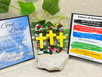 Gemstone Chip beads in the colors of salvation, a Howlite cross, natural wood beads all on a quality stretchy cord with a laminated card