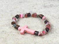 Gemstone Chip beads, a Howlite cross, natural wood beads all on a quality stretchy cord  
