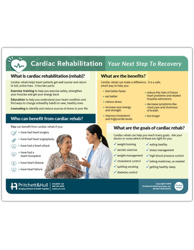 This two-page educational resource, Product #2918, titled "Cardiac Rehabilitation: Your Next Step To Recovery," provides a comprehensive overview of the cardiac rehab process.Visual Overview: The document features a professional design with a prominent image of a female healthcare professional in blue scrubs smiling while assisting a patient with a light dumbbell exercise.Core Components: It defines cardiac rehab as having three essential parts: Exercise training to safely build strength, Education to change unhealthy habits, and Counseling to manage stress.Target Audience: The guide lists specific candidates for rehab, including those who have had heart surgery, angioplasty, a heart attack, or a transplant, as well as those living with heart disease or heart failure.Key Benefits: Bulleted points highlight clinical and lifestyle improvements such as feeling better faster, reducing stress, improving cholesterol levels, and decreasing symptoms like chest pain.Recovery Goals: The tearpad outlines actionable goals like aerobic exercise, weight management, quitting smoking, and high blood pressure control.The Rehab Team: Page two identifies the multidisciplinary team involved, including doctors, exercise specialists, nurses, dietitians, and physical therapists.Financial Information: A "Did you know?" section informs patients that insurance companies will likely cover some or all of the costs of the program.