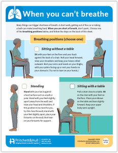This two-page educational resource, Product #3728, titled "When You Can't Breathe," provides practical, step-by-step instructions for managing shortness of breath.Visual Illustrations: The document features clear, high-quality illustrations of an African American woman demonstrating restorative breathing postures. It also includes close-up photos of women demonstrating the facial and hand placements for specialized breathing techniques.Breathing Positions: Page one details three recovery postures:Sitting without a table: Sitting back in a chair with feet flat, head rolled forward, and hands resting on thighs or stomach.Sitting with a table: Leaning slightly forward with elbows on a table and upper body semi-upright.Standing: Leaning against a wall or pole with feet slightly apart, or leaning forward onto forearms against a wall for support.Recovery Steps: A four-step protocol is outlined to slow the breathing rate and increase oxygen intake.Specialized Techniques:Pursed Lip Breathing: Instructions on inhaling through the nose for two counts and exhaling through pursed lips for four slow counts.Diaphragmatic Breathing: Guidance on placing hands over the lower ribs to feel them expand during inhalation and move down during exhalation.