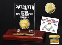                         New England Patriots 5 Time Super Bowl Championship 24k Gold Coin Display LE 5,000
