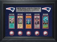                                    New England Patriots 5 Time Super Bowl Champions 5pc Silver Coin and 5pc Ticket Collection Framed LE 1,000