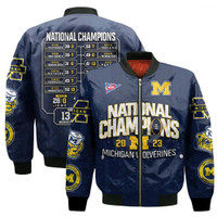 Michigan Wolverines 2023 CFP National Champions Leather Bomber Jacket w/Seasons Games and Scores  ~ Sizes: Small - 4XL