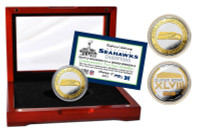 Seattle Seahawks Super Bowl 48 Champions Official Two-Tone Mint Coin w/Cherry Wood Glass Display LE