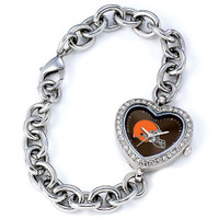 *Cleveland Browns Stainless Steel Rhinestone Ladies Heart Link Watch