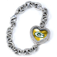 *Green Bay Packers Stainless Steel Rhinestone Ladies Heart Link Watch