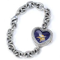 *Minnesota Vikings Stainless Steel Rhinestone Ladies Heart Link Watch