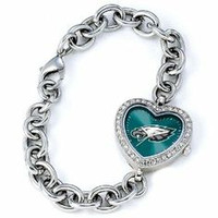 *Philadelphia Eagles Stainless Steel Rhinestone Ladies Heart Link Watch