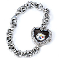 *Pittsburgh Steelers Stainless Steel Rhinestone Ladies Heart Link Watch