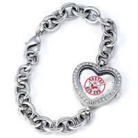 Boston Red Sox Stainless Steel Rhinestone Ladies Heart Link Watch