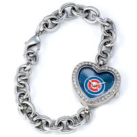 Chicago Cubs Stainless Steel Rhinestone Ladies Heart Link Watch