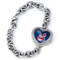 Cleveland Indians Stainless Steel Rhinestone Ladies Heart Link Watch