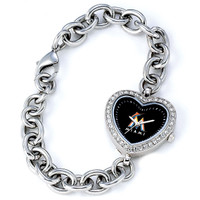 Miami Marlins Stainless Steel Rhinestone Ladies Heart Link Watch