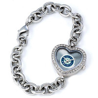 Seattle Mariners Stainless Steel Rhinestone Ladies Heart Link Watch