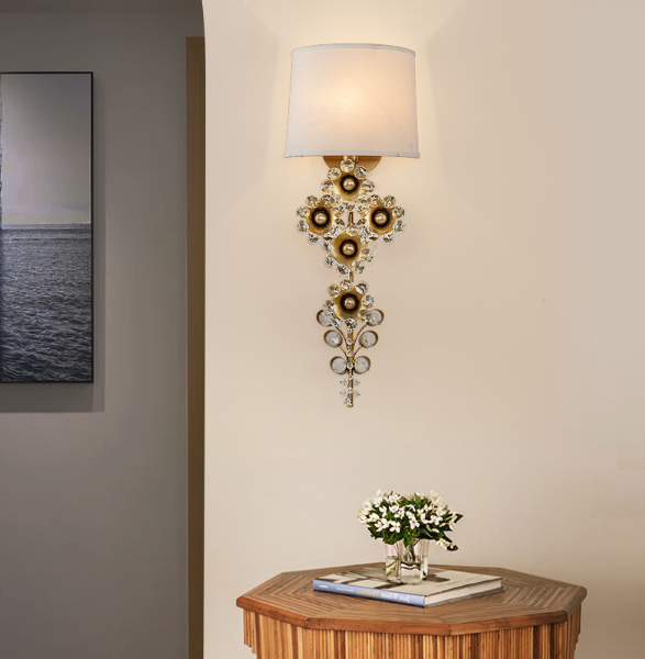 European Style Led Wall Lamp Cloth Shade Crystal Copper Flower Home Decor