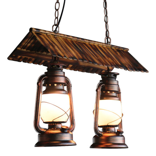 Retro Style LED Pendant Lights Metal Frame Bamboo Glass Lampshade Bar 