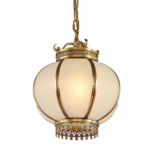 New Chinese LED Brass Pendant Light Glass Lantern Shape Balcony