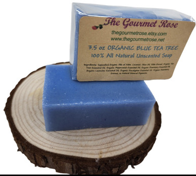 3.5 oz ORGANIC BLUE SOAP Tea Tree Peppermint Eucalyptus Rosemary Essential Oil Acne Body Bar 100% All Natural Handmade Biodegradable Wrapping