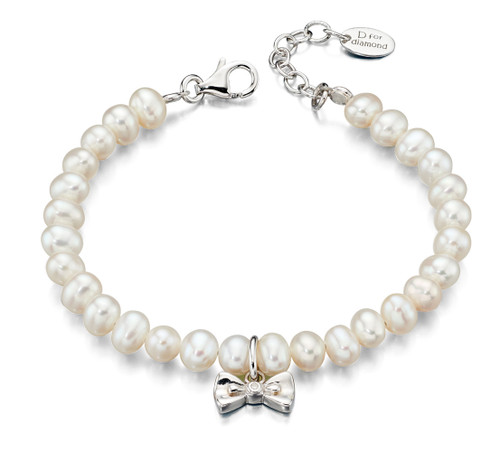 Little Girls Pearl Bracelet with Diamond Bow - B4890