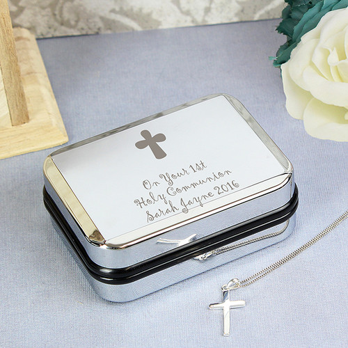 First Holy Communion engraved gift box and cross necklace