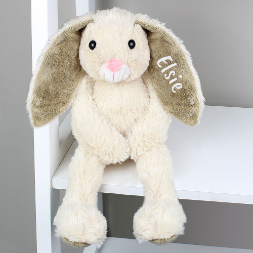 Personalised soft bunny toy with embroidered ear