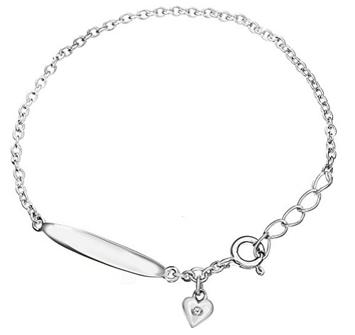 Girls silver id heart charm bracelet with mini diamond