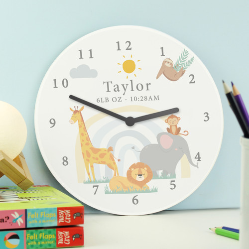 New baby personalised safari animal nursery wall clock