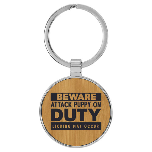 Enthoozies Beware Attack Puppy on Duty Bamboo 1.5" x 3.5" Laser Engraved Keychain
