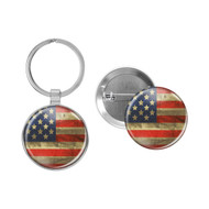 Enthoozies Distressed USA Flag Rustic Patriotism 1.5" x 3" Domed Keychain Backpack Pull abd 1.5" Pinback Button