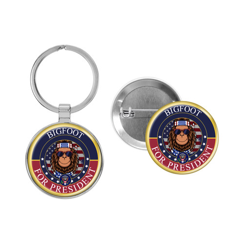 Enthoozies Bigfoot For President 1.5" x 3" Domed Keychain Backpack Pull  and 1.5" Pinback Button