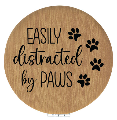 Enthoozies Easily Distracted by Paws Bamboo 2.5" Diameter Laser Engraved Leatherette Compact Mirror