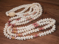 39" long traditional white Momi & natural, red burgundy, yellow , pink Kahelelani shell lei. Handmade with Niihau shells...by Janjira! #1056