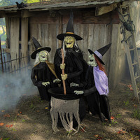 Life Size Animated Stichwick Sisters Trio Swamp Hag Wicked Witch Stitchwick Halloween Prop