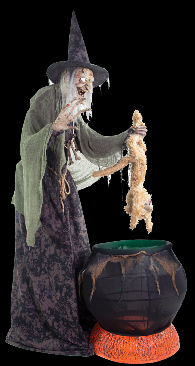 LifeSize Animated EVIL WITCH COOKS CAT IN CAULDRON Halloween Haunted House Prop 