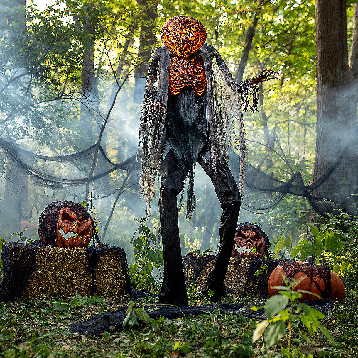 7' Life Size Animated Scorched Scarecrow w/ Fog Jack O' Lantern Burning ...