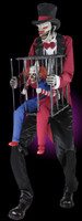 7' tall life Size Animated Cagey Ringmaster holding Cage w/ Clown Halloween Prop