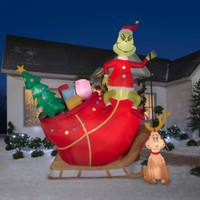 12' tall Lighted air blown airblown-Grinch Max in Sleigh Grinch Inflatable Christmas Dr Seuss Yard Decor Outdoor Decoration