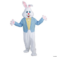 Adult Easter Bunny Rabbit Mascot Head & Costume Blue Jacket Yellow Vest