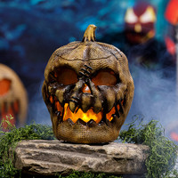 10" Light-Up Skull Flaming Burlap Pumpkin Jack-O-Lantern with Time Halloween Decoration Prop