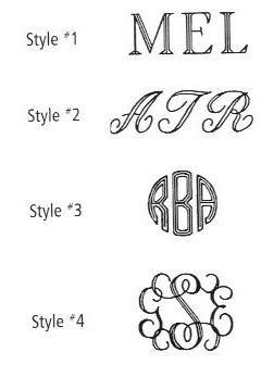 Style #1 Roman (First-Middle-Last Initial all same size).
Style#2  Script   (First-Middle-Last Initial all same size).
Style#3 Circle Monogram (First-LAST LARGER-Middle Initial)
Style#4 Interlocking Monogram (First-LAST LARGER-Middle Initial) 
Last Name Initial always Larger Center Position for these two classic monograms Style#3 & Style#4 
