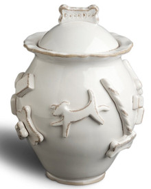 Your dog is a family member so why not have her/his own cookie jar?  Our ceramic stoneware jars are hand decorated with raised appliques all around each vessel and are airtight. 
Available in three colors: Baby Blue, Caramel, French White and Green.  Measures 7 1/2" to the rim, and 9 1/2 " to the "Good Dog" cookie on top.  About 7" wide.
Designed in a Carmel California Studio.